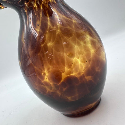 Art Glass Vase Amber Tortoiseshell Mottled Brown Ruffled Rim Vintage 9 Inch