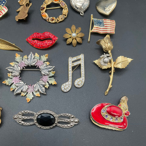 Vintage Rhinestone and Enamel Brooches Pins Jewelry Lot of 20 Patriotic Floral