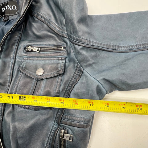 NWT XOXO Blue Gray Faux Leather Moto Cropped Bomber Jacket Juniors L