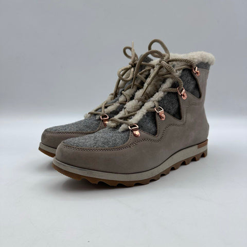 Sorel Ainsley Conquest Hiker Grey Leather Felt Rose Gold Boots Women's Size 10