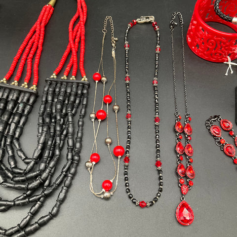 Charming Charlie & Mixed Red Black Costume Jewelry Lot Statement Necklaces Rings
