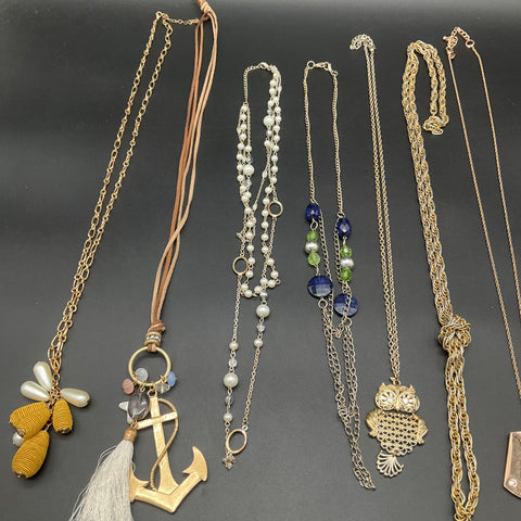 Fashion Jewelry Lot of 7 Necklaces Anchor Owl Faux Pearl Gold Silver Tone