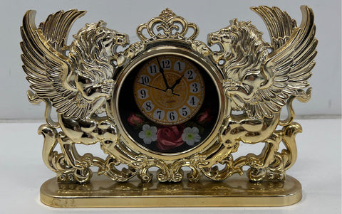 Vintage J.H. Gold Tone Quartz Mantel Clock Winged Griffin Lions Floral Taiwan