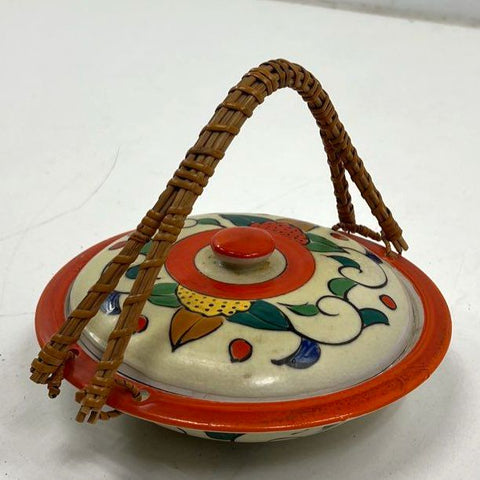Vintage Japanese Hand Painted Ceramic Lidded Dish Bowl Caddy Wicker Handle 7.25"