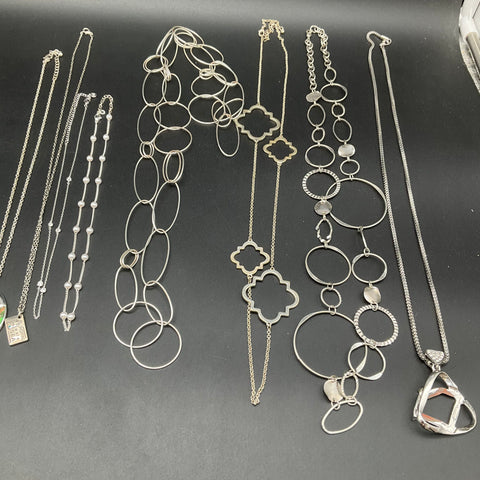 Vintage to Modern Costume Jewelry Lot 11 Necklaces Silver Tone Statement Pieces