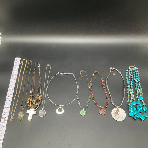 Eclectic Bohemian Statement Necklace Jewelry Lot of 9 Cross Pendant Shell Beads