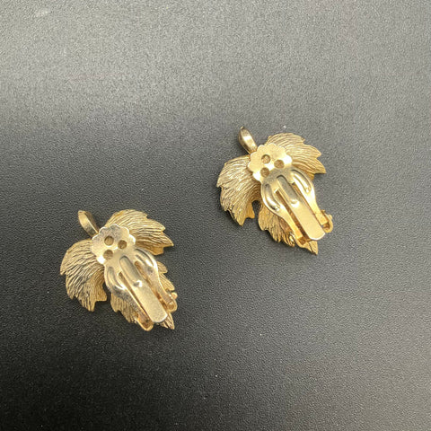 Vintage Purple Enamel Rhinestone Leaf Demi Parure Brooch Clip-on Earrings Set
