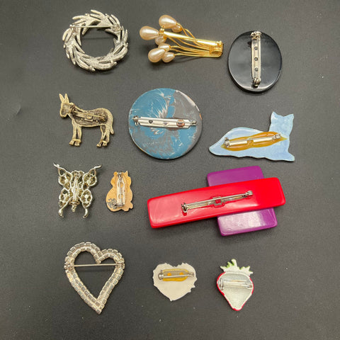 Vintage Costume Jewelry Lot of 12 Brooches Enamel Rhinestone Animal Floral