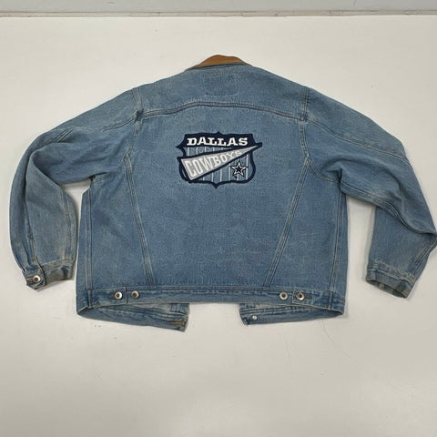 Vintage 90s Dallas Cowboys Pro Elite Denim Jacket Leather Collar Sz XL