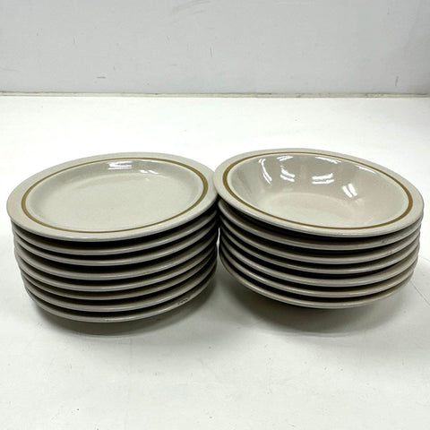 Kingsbury Stoneware Brown Band Plates and Bowls 15 Piece Set Japan Vintage
