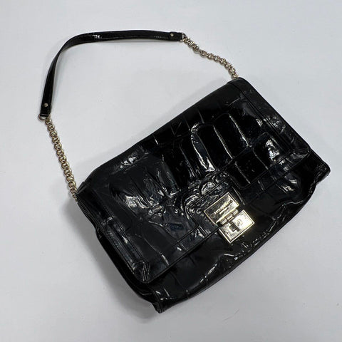 Kate Spade Black Croc Embossed Leather Large Flap Shoulder Bag Silver Hardware