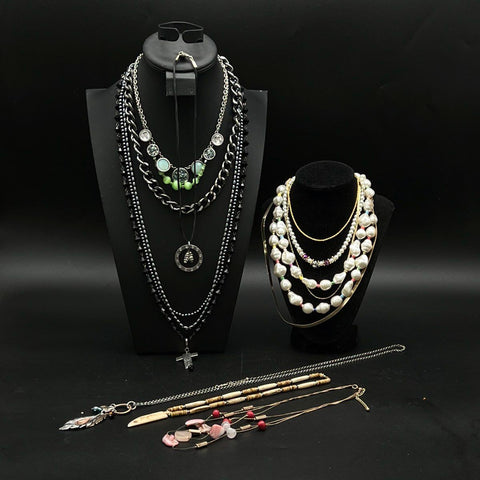 Mixed Costume Jewelry Necklace Lot Faux Pearl Beaded Chain Pendants 11+ Pieces
