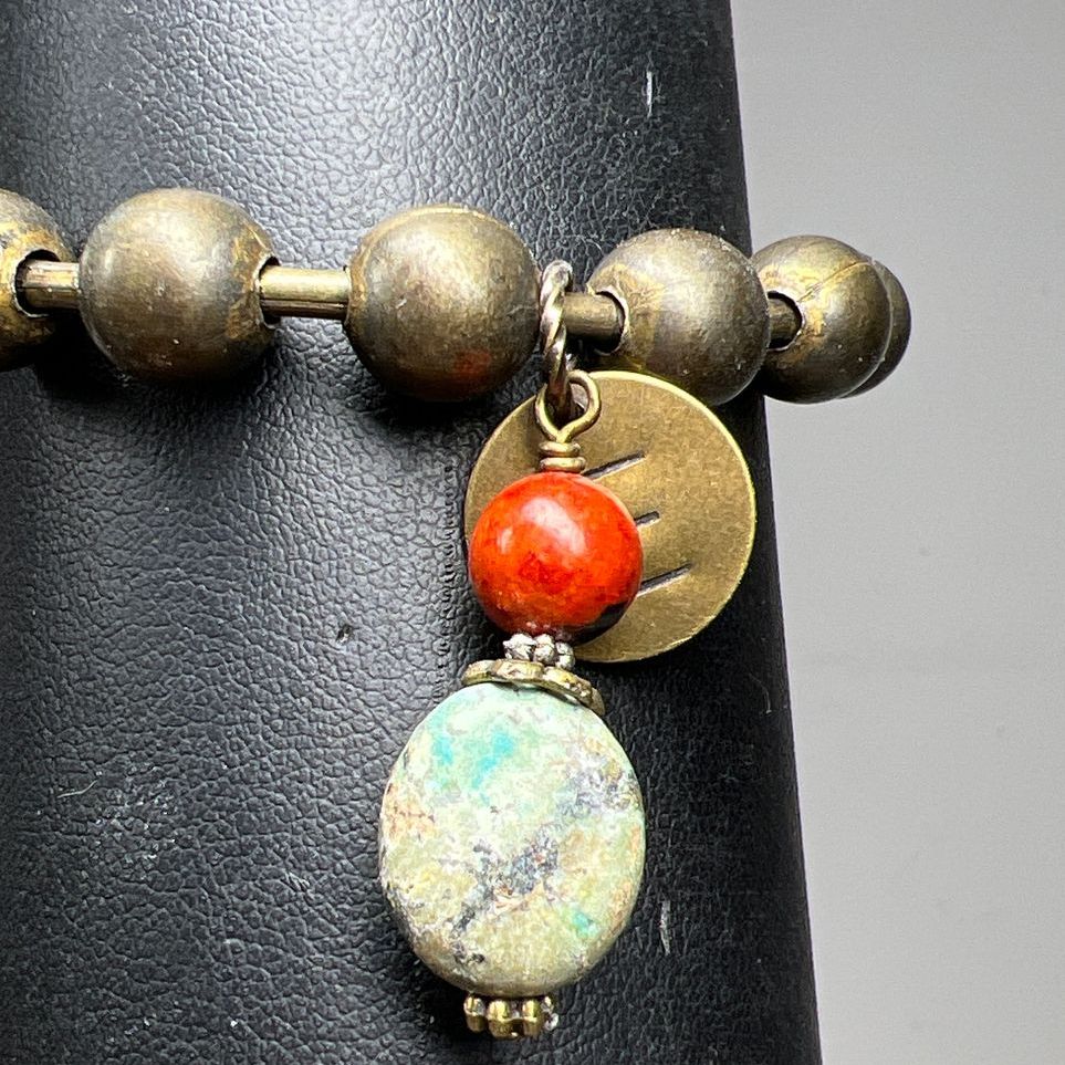 Ball Bearing Turquoise Coral and E Charm Bracelet
