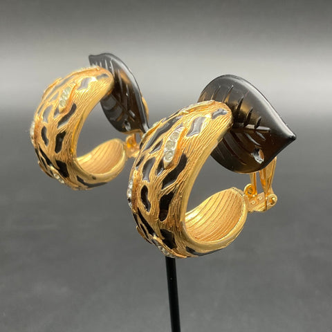 Vintage St. John Signed Gold Tone Black Enamel Animal Print Clip-On Earrings