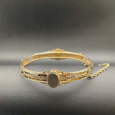 Vintage Marino Gold Tone Black Stone Victorian Revival Bangle Bracelet Signed