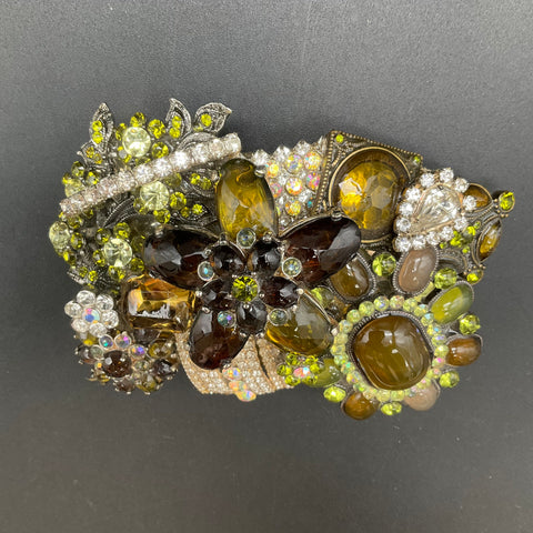 Upcycled Jewelry Belt Buckle Women's Green Amber Brown Rhinestone Floral Boho