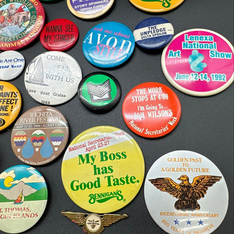 Vintage Pinback Button Lot Advertising Souvenir Holiday Approx 50 Pieces Mixed