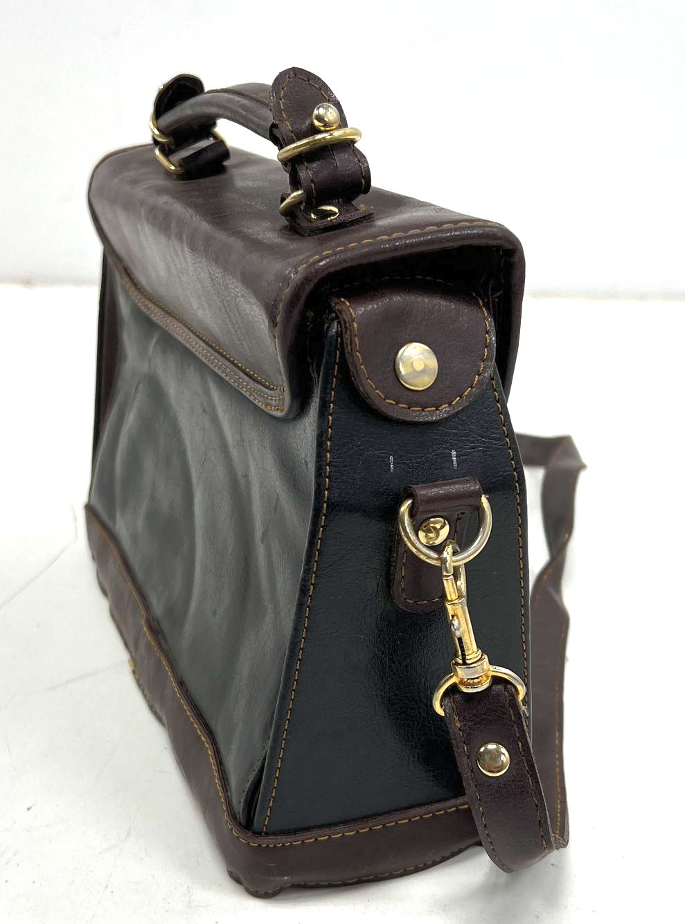Vintage 80s Polo Player Logo Brown Black Satchel Crossbody Bag Gold Hardware
