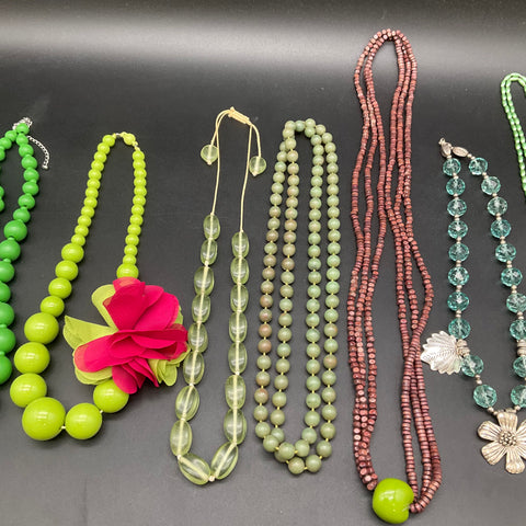 Mixed Costume Jewelry Lot 7 Fashion Necklaces Vintage to Modern Green Tones
