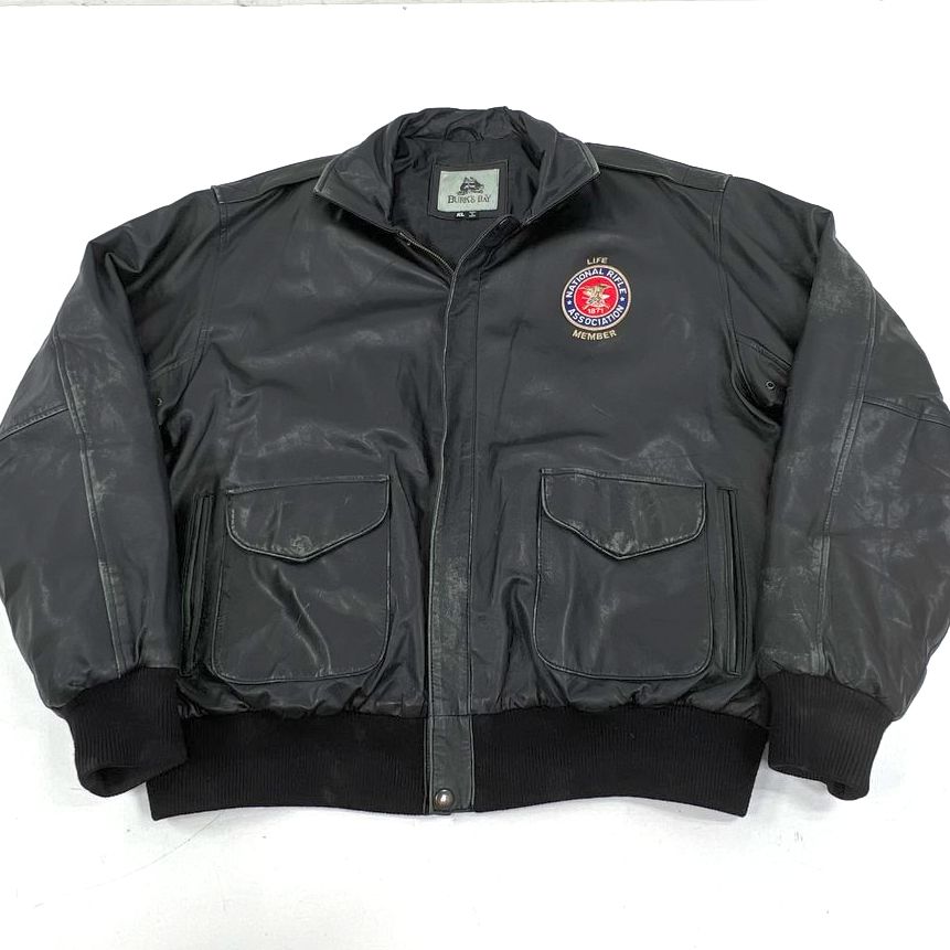 Burks Bay Black Leather NRA Life Member Bomber Flight Jacket Men's XL