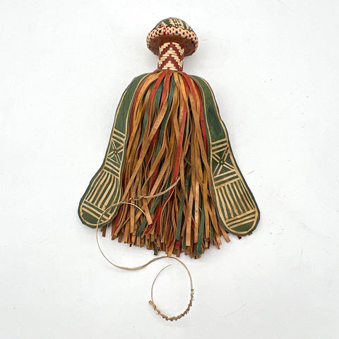Vintage West African Fulani Woven Grass and Leather Hat Topper Finial Fringed