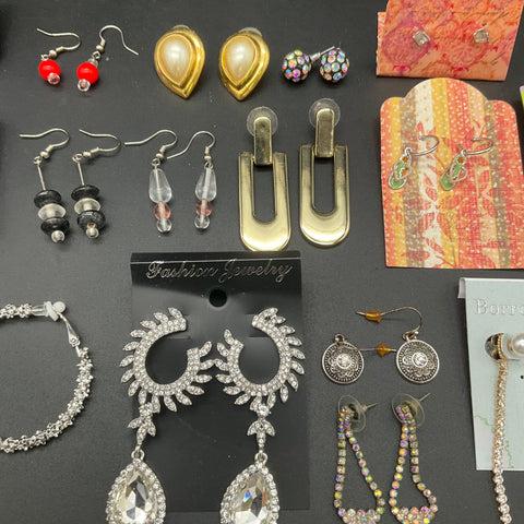 Borrowed & Blue Rhinestone Fashion Earrings Lot 25 Pairs Hoops Studs Dangles