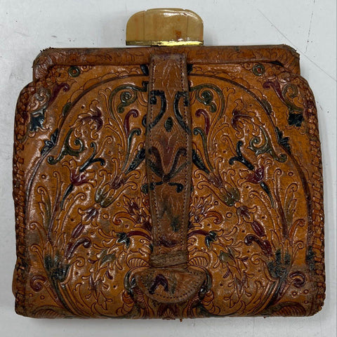 Vintage 1930s Brown Hand Tooled Floral Leather Clutch Bag Carved Clasp
