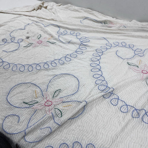 Vintage Chenille Bedspread White Blue Floral Embroidery Wavy Texture Mid Century
