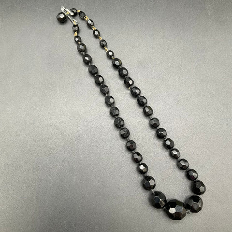 Vintage Black Glass Beaded Necklace Lot 2pc Germany Graduated Faceted Beads