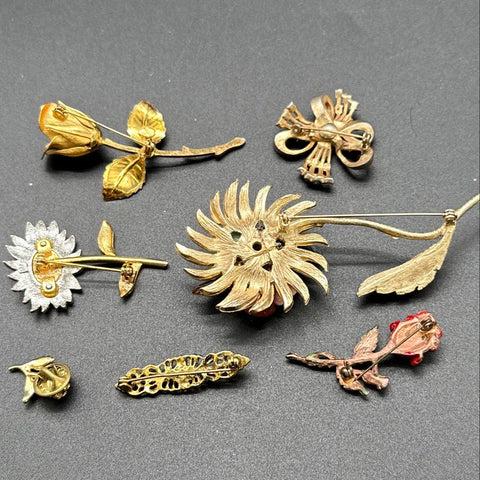 Vintage McLean Floral Brooch Jewelry Lot 7 Pc Enameled Rose Sunflower Stones