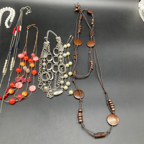 Mixed Costume Jewelry Lot 7 Necklaces Vintage to Modern Beaded Shell Faux Pearl