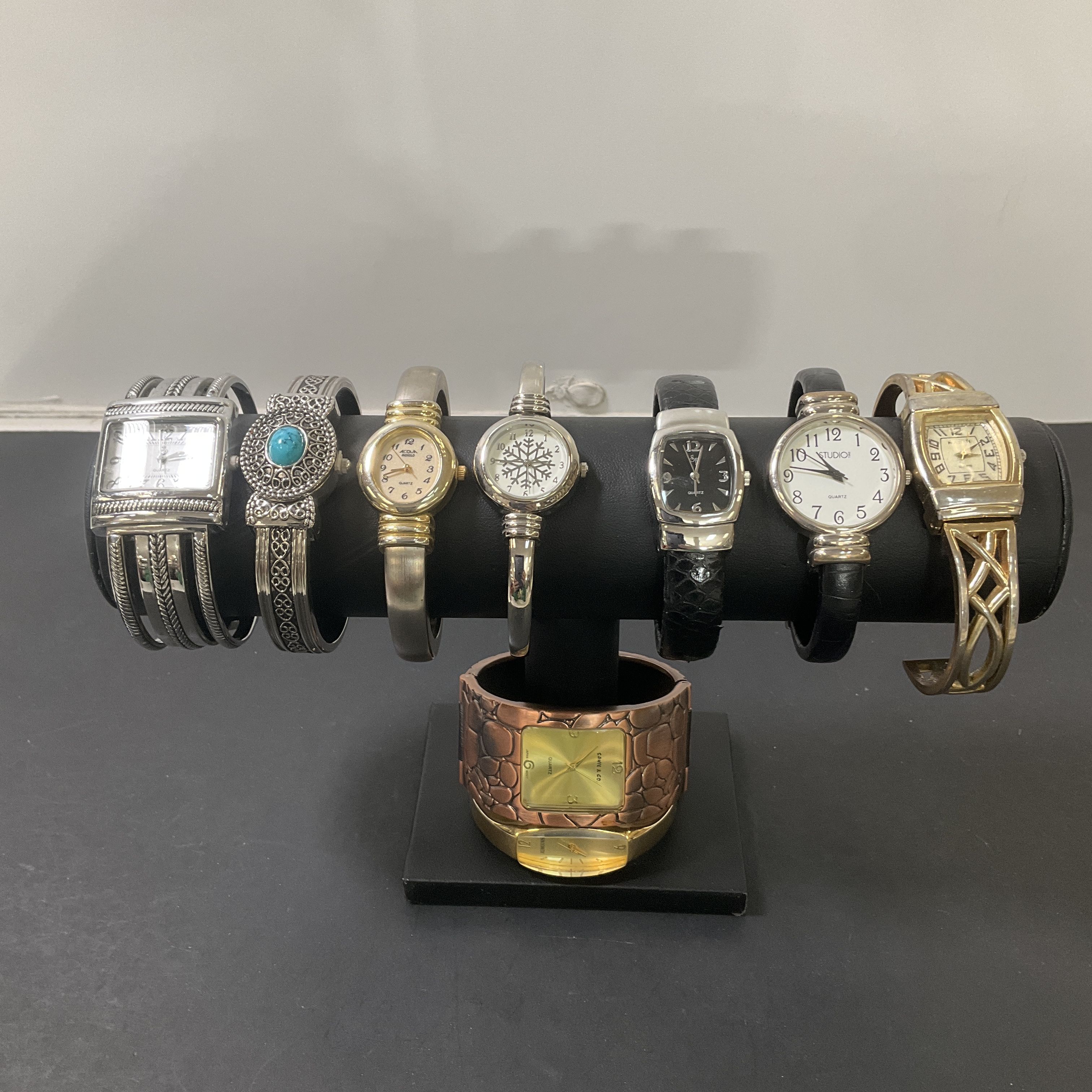 Lot of Nine Women's Cuff Watches Wristwatches Silver Tone Gold Tone UNTESTED