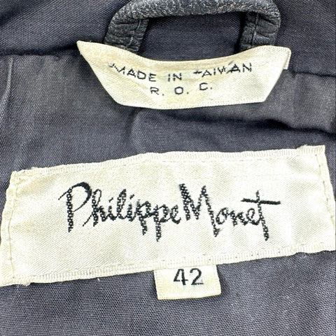 Vintage 80s Philippe Monet Leather Bomber Jacket Black Epaulets Taiwan Sz 42