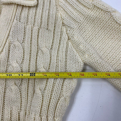 Vintage 70s Kmart Cream Cable Knit Belted Collared Cardigan Sweater Women's M