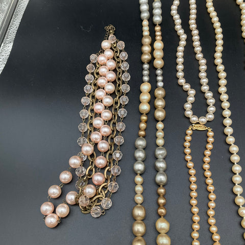 Vintage Faux Pearl Costume Jewelry Lot 12 Necklaces Bracelet Multi-Strand 1.1lb