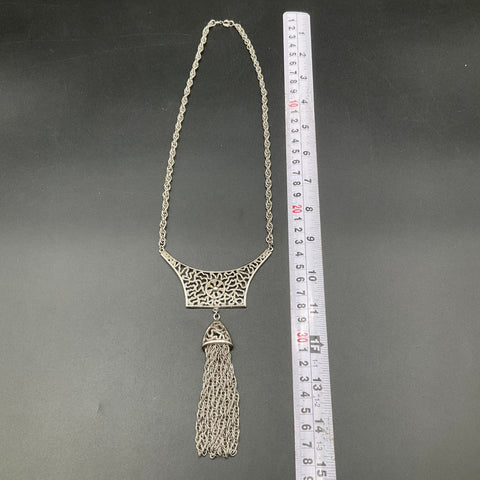 Vintage 1960s 1970s Silver Tone Tassel Necklace Openwork Filigree Boho Mod