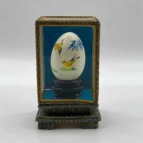 Signed Chinese Hand Painted Egg Bird & Bamboo Motif 5" Glass Display Case