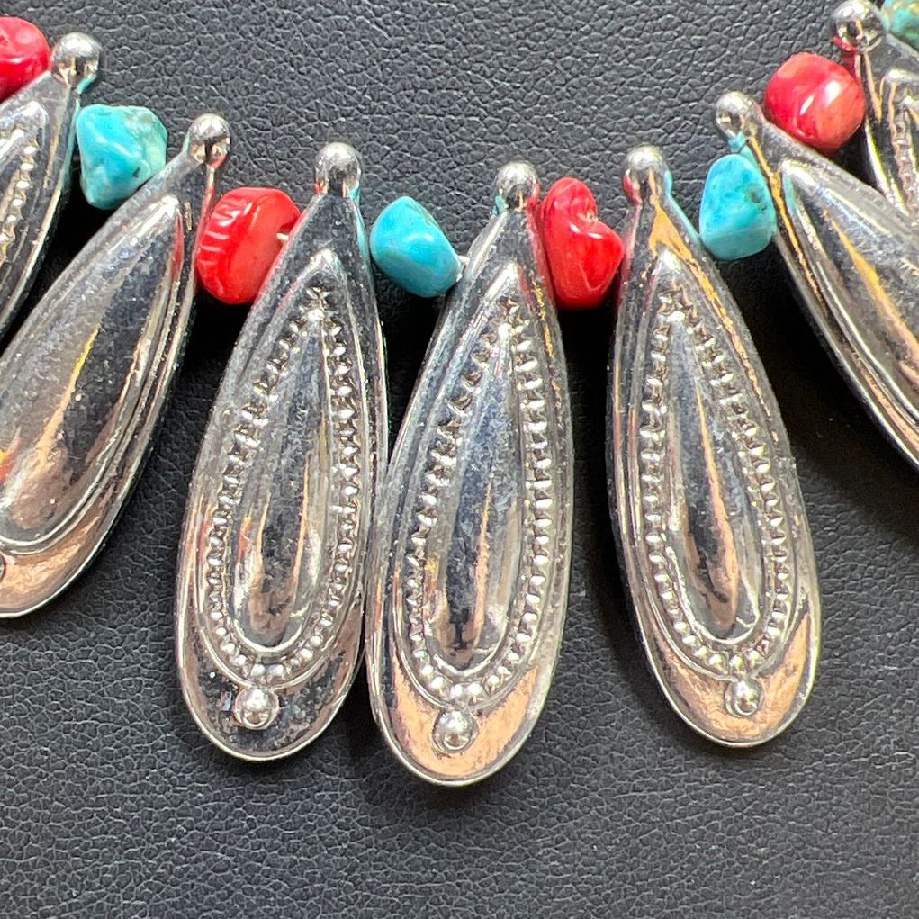 Turquoise and Coral Chip Beaded Silver Tone Necklace & Earrings