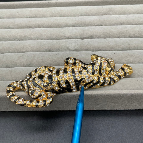 Vintage Retro Large Crawling Tiger Brooch Gold Tone Black Enamel Marked B
