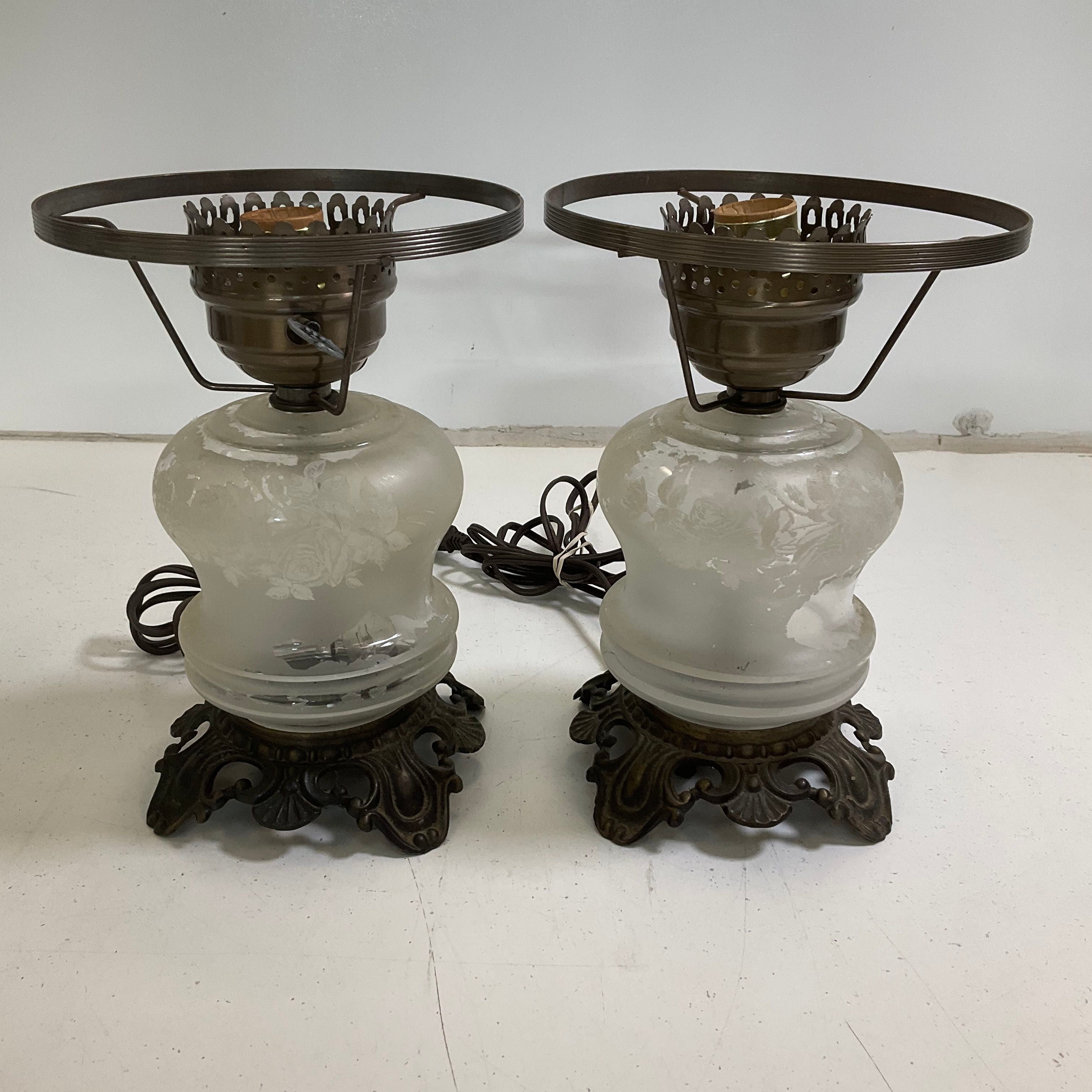 Vintage Pair Victorian Revival Table Lamps Frosted Etched Glass Rococo Style