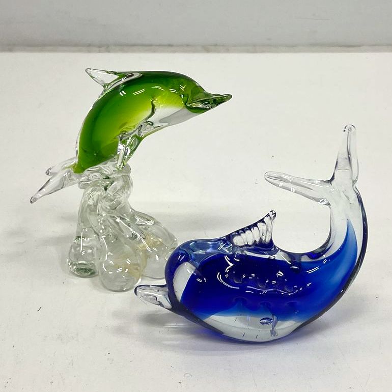 Vintage Murano Style Art Glass Dolphin Figurines Lot 2 Cobalt Blue Lime Green