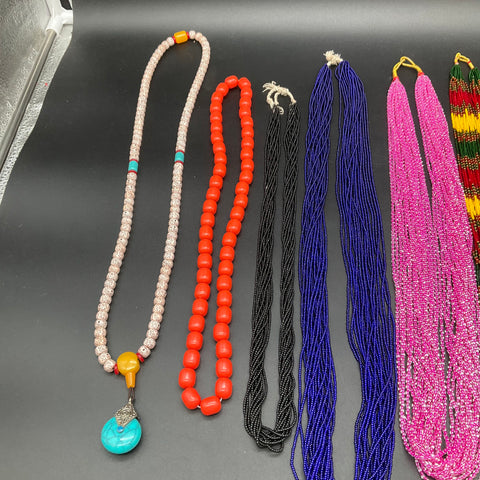 Vintage Boho Tribal Jewelry Lot 9 Mixed Necklaces Seed Bead Multi-Strand Pendant