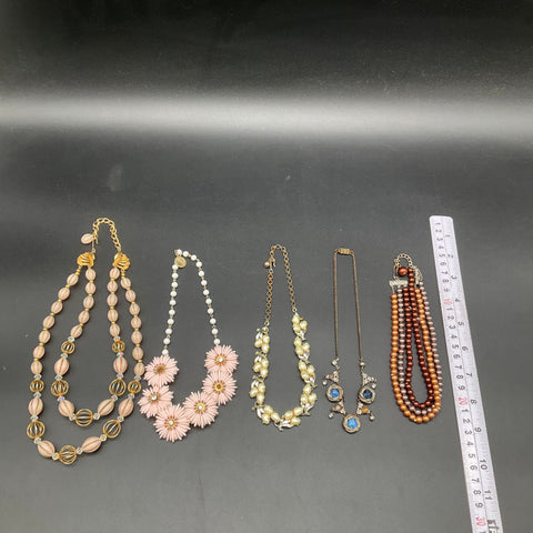 Vintage Costume Jewelry Lot of 5 Necklaces Faux Pearl Rhinestone Floral Wear
