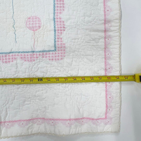 Vintage Hand Embroidered Baby Quilt Stamped Clown Circus Crib Blanket Pink Blue