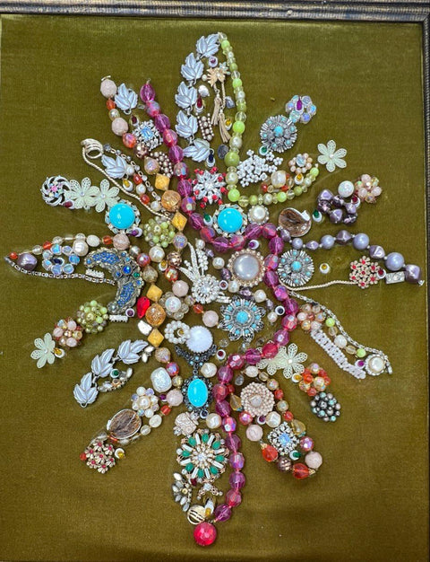 Unsigned Vintage Jewelry Art Floral Assemblage 24x20 Green Velvet Framed