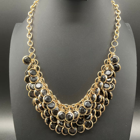 Talbots Gold Tone Black Faceted Stone Tiered Bib Statement Necklace