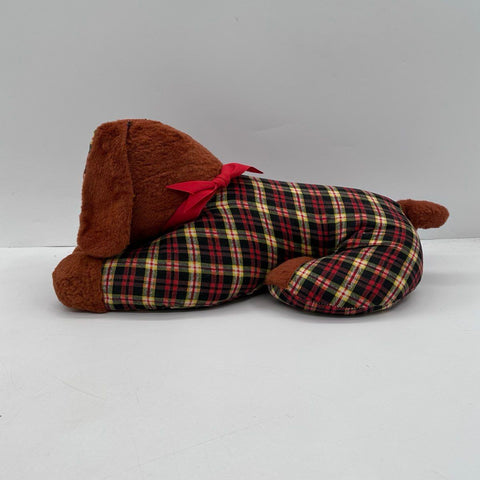 Vintage 1960s Dog Plushie Plaid Brown Faux Fur Stuffed Animal 20 Inch Large