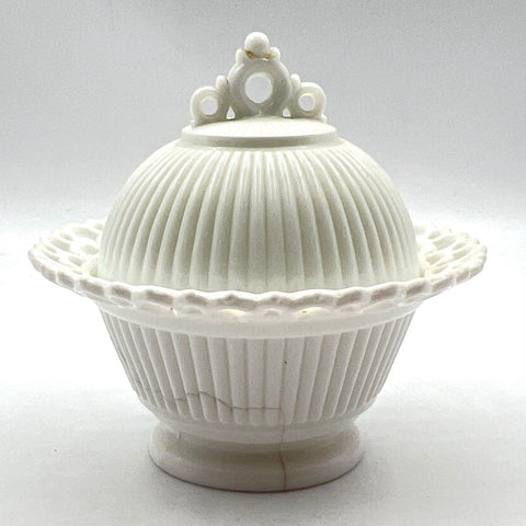 Pressed Milk Glass Lidded Candy Dish Ribbed Pattern Reticulated Rim Vintage
