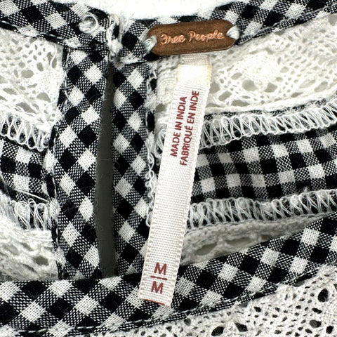 Free People Women's Black White Gingham Floral Embroidered Lace Tunic Dress Sz M