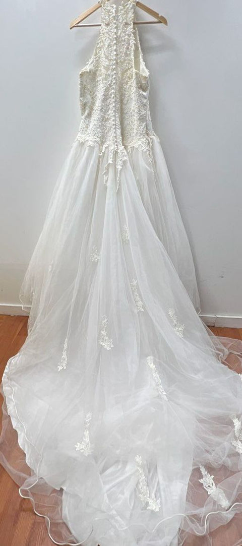 Vintage Y2K Women's White High Neck Halter Lace Beaded Wedding Dress Gown Sz 16